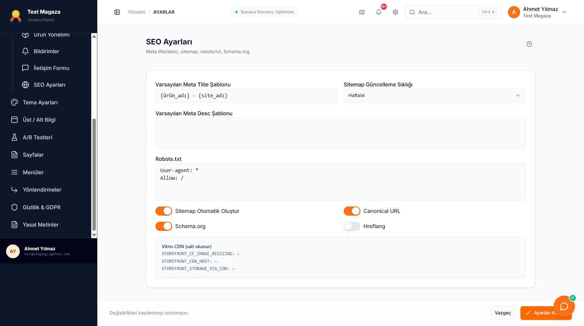 Ayarlar → SEO (meta şablonları ve sitemap)