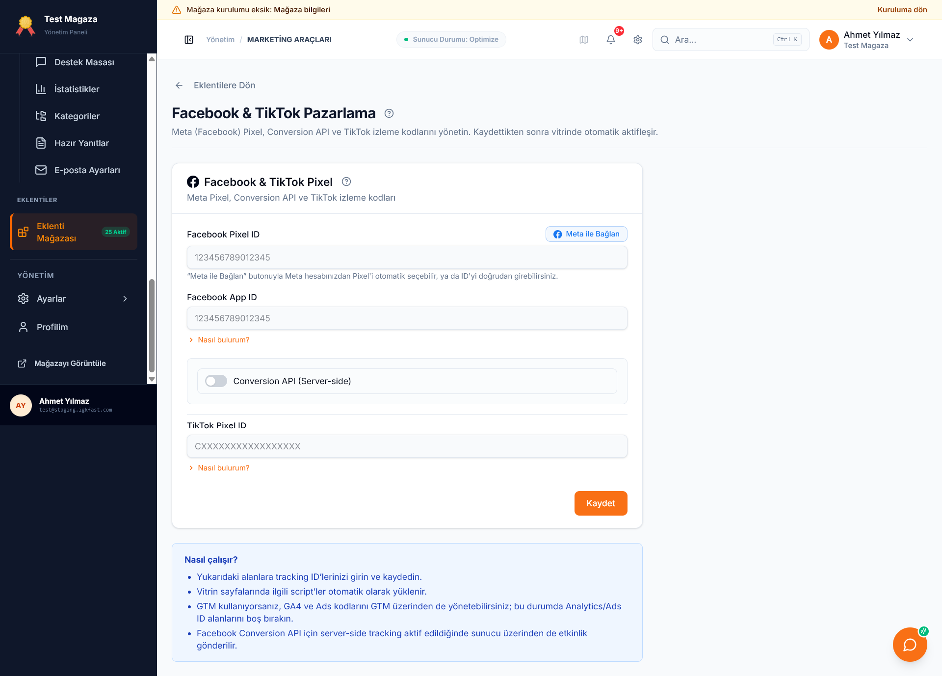Facebook & TikTok Pixel ayarları