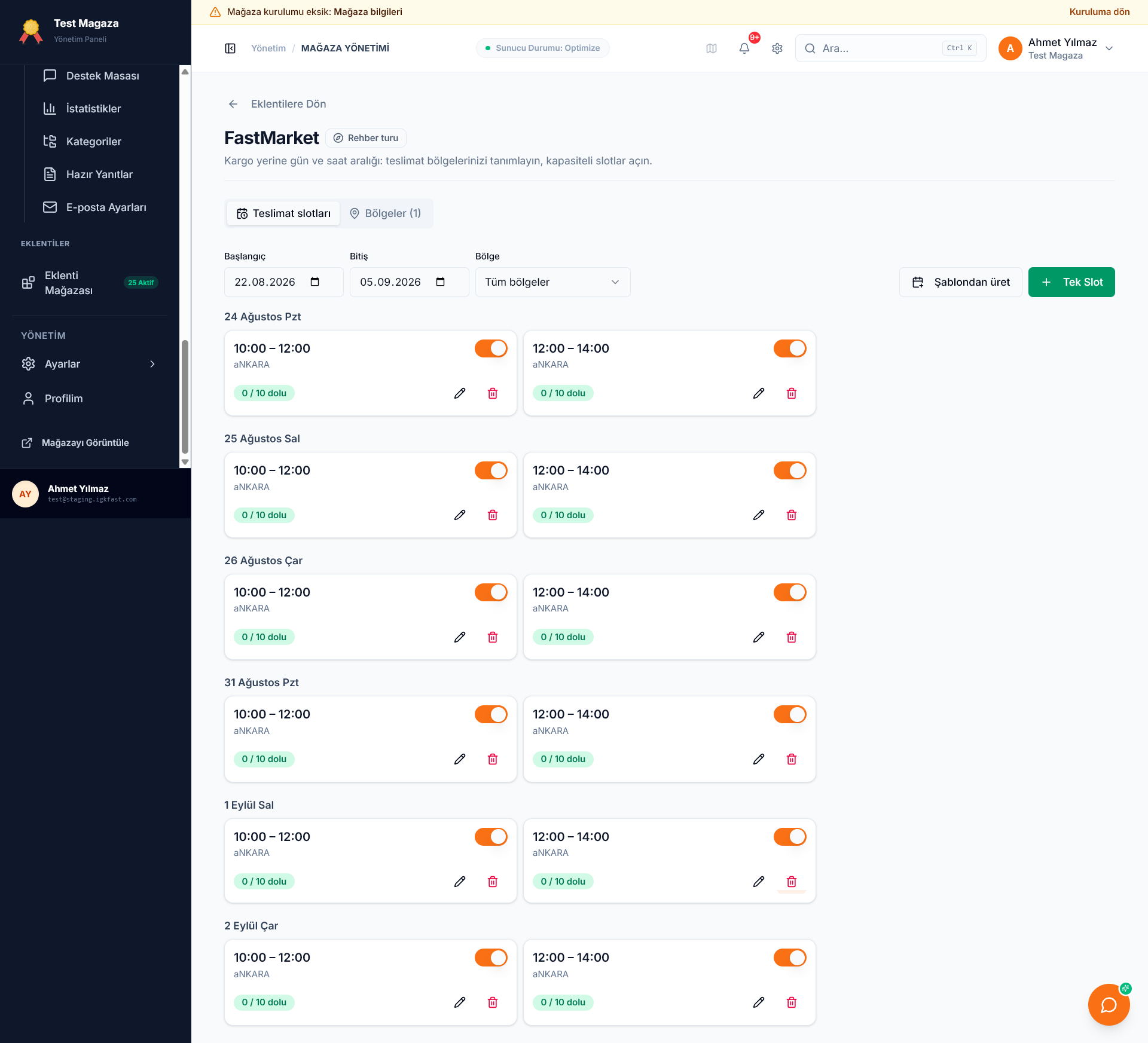 FastMarket teslimat slotları