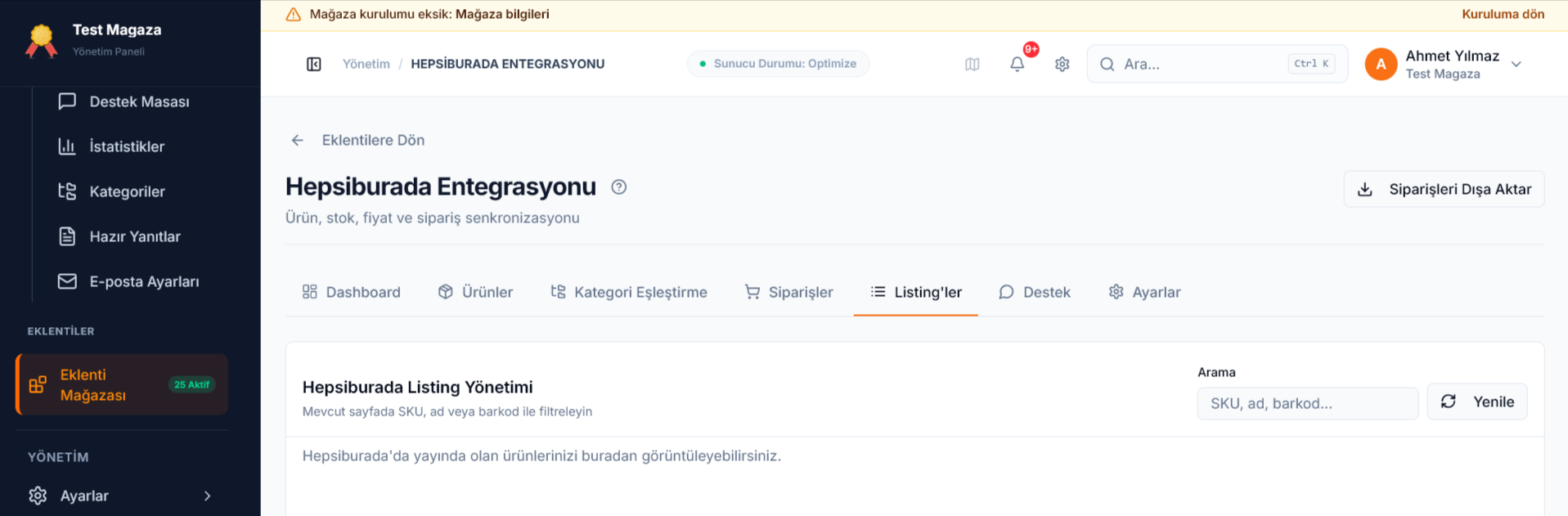 Listing'ler sekmesi