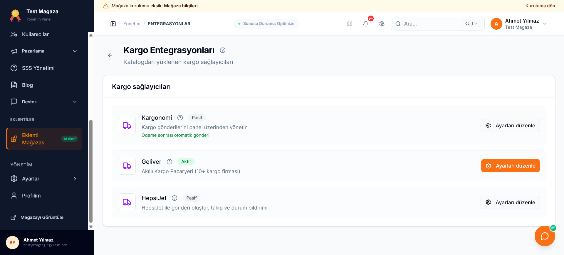 Kargo entegrasyonları listesi