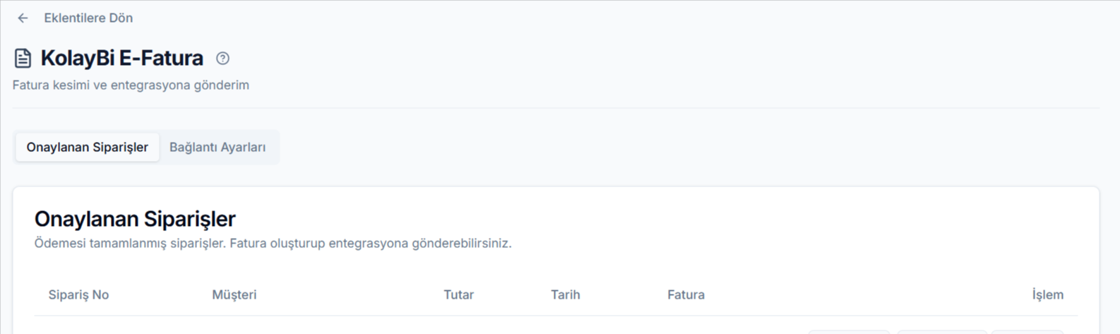 KolayBi entegrasyon sayfası, Bağlantı Ayarları sekmesi