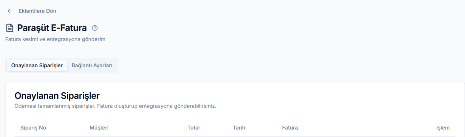 Paraşüt entegrasyon sayfası, Bağlantı Ayarları sekmesi