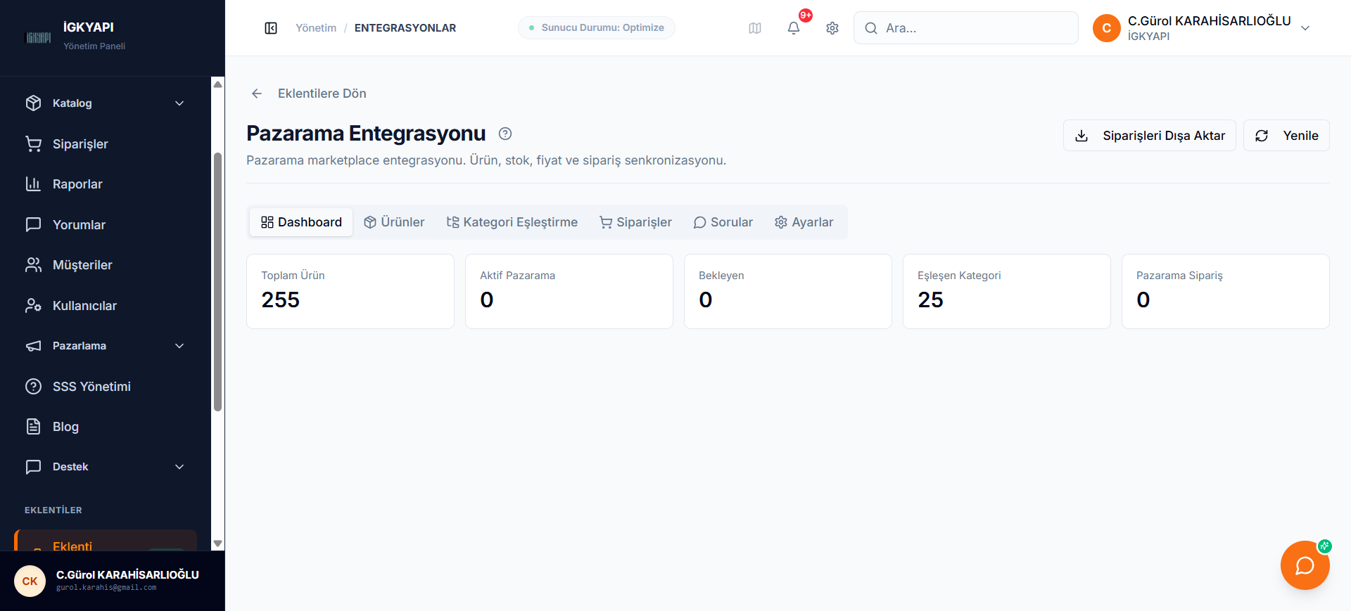 Pazarama entegrasyon panosu
