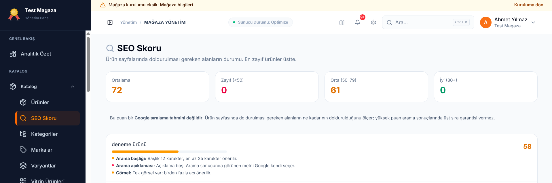 SEO skoru listesi, zayıf ürünler üstte