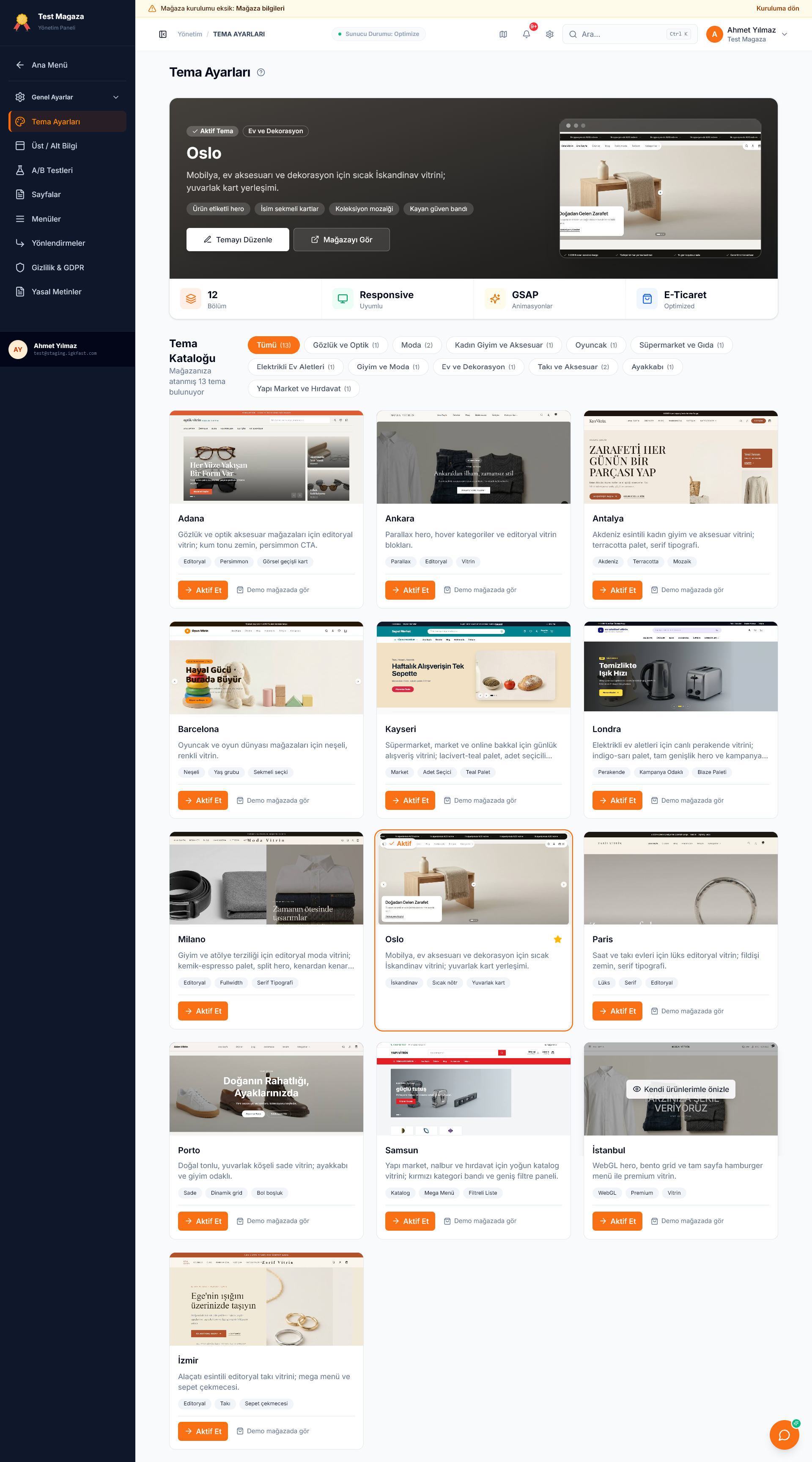Tema Ayarları sayfası — aktif tema kartı ve katalog