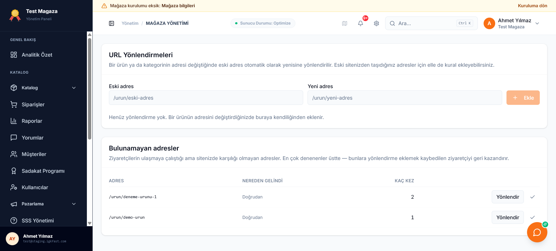 Yönlendirme listesi ve yeni kural formu